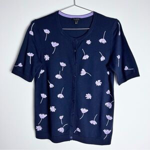 TALBOTS Spring Navy Short Sleeve Cardigan Lavender Embroidered Beaded Flowers